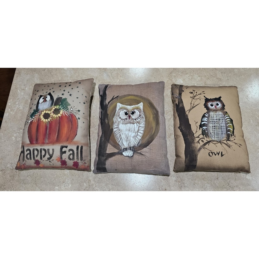 Handmade Owl Decorative Pillows Set 3 Brown Tan Autumn Happy Fall Folk Art